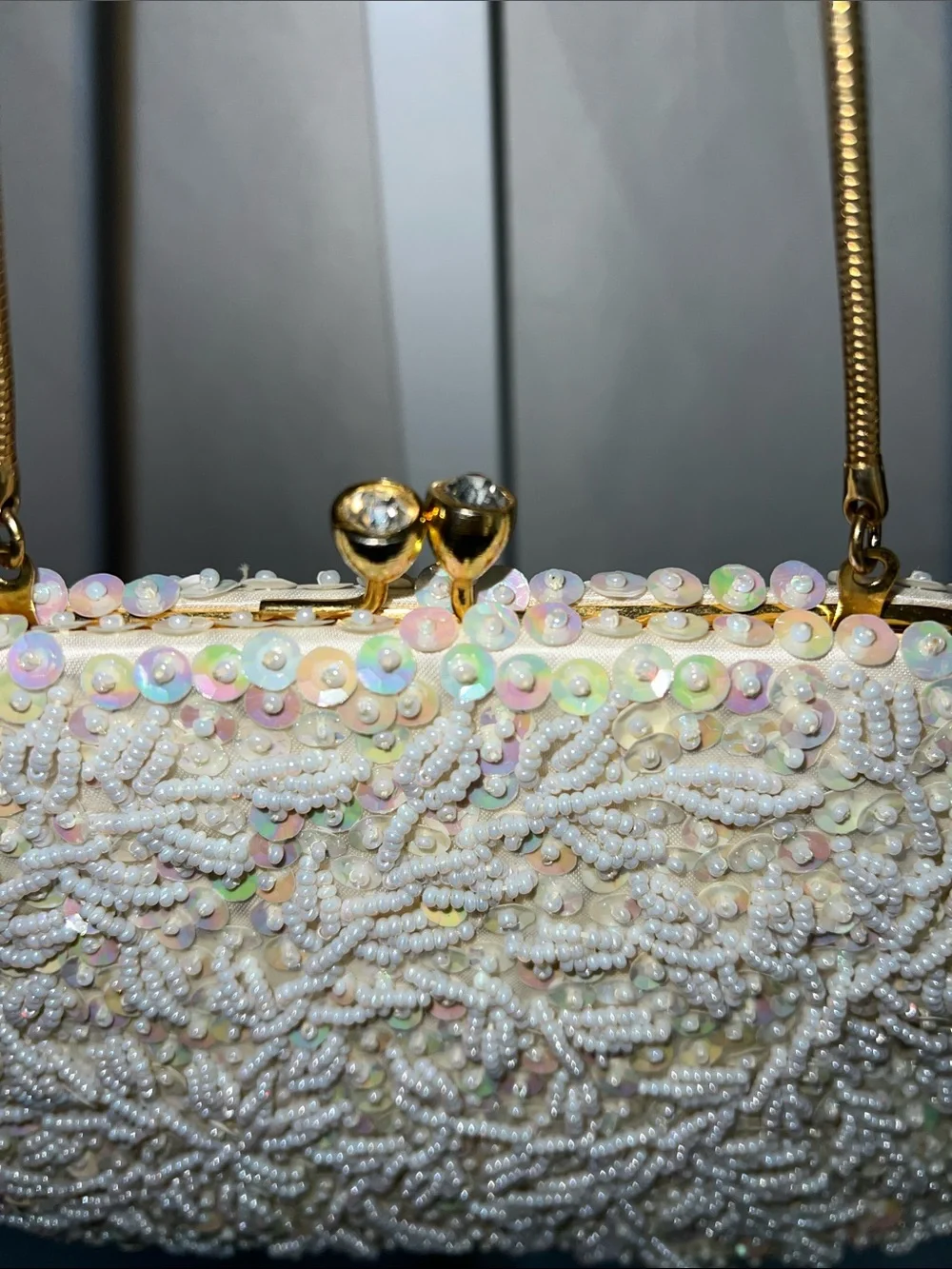 Source Unknown Ivory Pearl & Sequin Beaded Evening Clutch Vintage 1950s